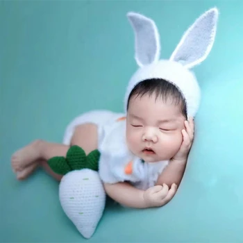 Реквизит для фотосъемки новорожденных, шапка с заячьими ушками и морковная игрушка для ребенка 0-2М, Вязаная крючком шапка, головной убор для новорожденных, Фон для фото