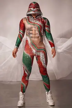 Рождественский костюм эльфа для вечеринки, красно-зеленый комбинезон с кисточками и стразами, мужская женская сексуальная одежда для танцев на сцене.