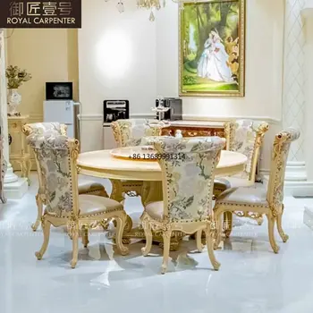 Роскошная европейская вилла, круглый стол, обеденный стул, дворцовый стол из массива дерева, комбинация стульев, изготовленный на заказ мраморный поворотный стол, обеденный стол