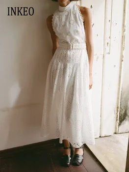 Роскошное женское кружевное платье без рукавов, белое элегантное длинное платье-рубашка с вышивкой, сексуальная пляжная одежда, женское лето 2023 INKEO 3D045