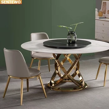 Роскошный дизайнерский круглый обеденный стол из мраморной плиты с обеденным столом на 6 стульев tisch furniture meuble marbre С золотой основой из нержавеющей стали