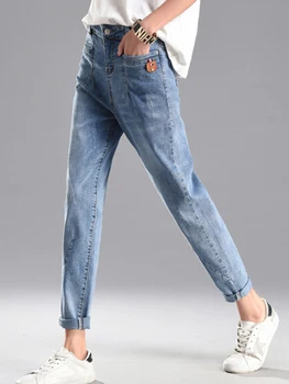 Светлые Короткие прямые джинсы, женская корейская версия трендовых эластичных брюк с завышенной талией, более тонких, с девятью точками