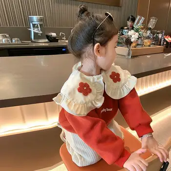 Свитер с отворотами для девочек, детский весенне-осенний топ 2023 года, детский пуловер с длинными рукавами