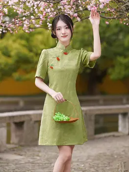 Сексуальное Жаккардовое атласное платье Qipao трапециевидной формы с коротким рукавом, винтажное женское мини-платье Чонсам для девочек