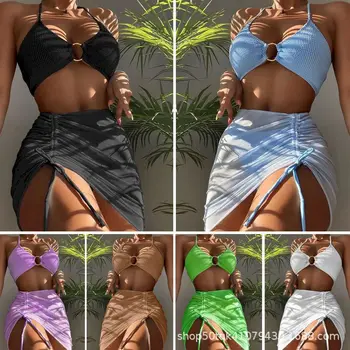 Сексуальные комплекты бикини из 3 предметов для женщин 2023, Новые роскошные Элегантные однотонные женские купальники, купальник-танкини, женские купальники, пляжная одежда