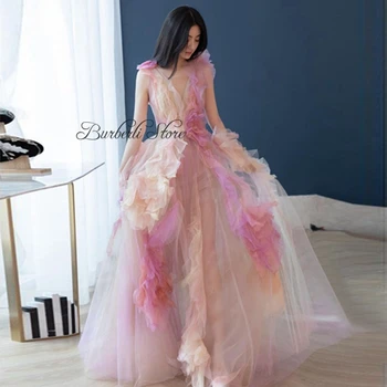 Сексуальные прозрачные женские вечерние платья из тюля трапециевидной формы с яркими 3D цветами, сладкие длинные платья для выпускного вечера, платья принцессы