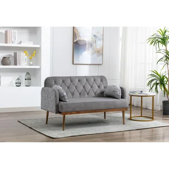 Серый бархатный диван, акцентный диван. Двуспальный диван с металлическими ножками, плюс две подушки, подходит для гостиной, дизайн с заостренными ножками.