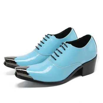 Синие оксфордские туфли в итальянском стиле, Лакированная кожа, Мужские Деловые Офисные кожаные туфли, Свадебные вечерние туфли для джентльмена на высоком каблуке
