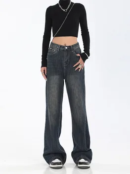 Синие осенние женские джинсы 2022 года, джинсовые брюки с высокой талией, Мешковатый дизайн уличной одежды, женские винтажные широкие прямые свободные джинсовые брюки