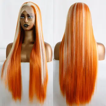 Синтетический парик с кружевом спереди, светло-оранжевая смесь, прямые волосы из термостойких волокон, натуральные, без пробора, для женщин