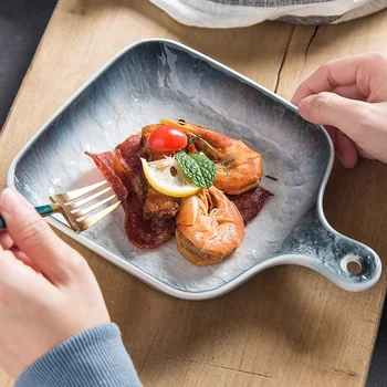 Скандинавская минималистичная керамическая посуда западная тарелка для еды бытовая тарелка для завтрака квадратная ручка творческая личность тарелка для выпечки