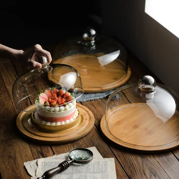 Скандинавский бамбуковый деревянный поднос для торта Бытовой с пылезащитной стеклянной крышкой поднос для хранения десертов Хлебный десертный дисплей фруктовый поднос