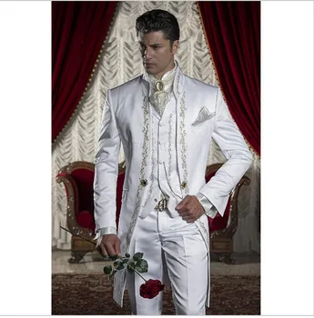 Смокинги жениха в классическом стиле с золотой вышивкой, белый мужской свадебный костюм для жениха, блейзер с брюками (куртка + брюки + жилет)