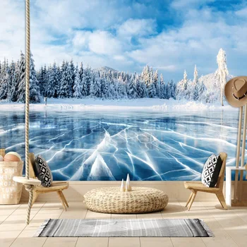 Современная изготовленная на заказ Бархатная фреска Обои для домашнего декора Обои для гостиной Замерзшее озеро Ледяные трещины Холмы Рулоны принтов