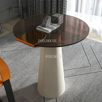 Современный минималистичный журнальный столик из искусственной кожи, Маленький Круглый столик, Мебель для гостиной, Балконное стекло, Маленькие журнальные столики