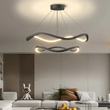 Современный светодиодный подвесной светильник в минималистском стиле для гостиной, спальни, столовой, кухни, Потолочная люстра с черным кривым кольцом