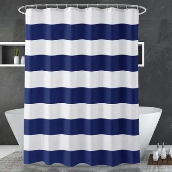 Темно-синяя занавеска для душа в синюю и белую полоску, тканевая занавеска для душа, занавеска для ванной комнаты, водонепроницаемый декор для домашней ванны