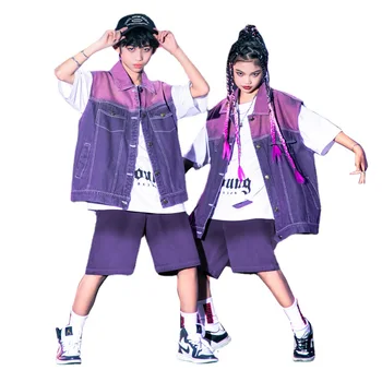 Уличная одежда для мальчиков и девочек, модные комплекты шорт в стиле хип-хоп, свободные джинсовые жилеты, детские костюмы, Сценический джазовый танцевальный костюм, спортивные костюмы