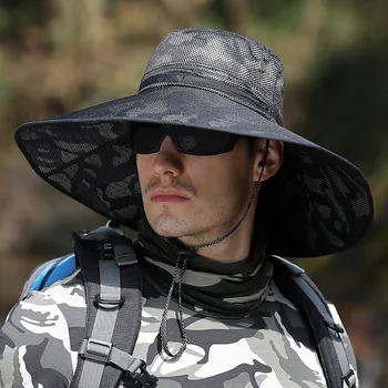 Уличная рыбацкая шляпа с большими полями, мужская летняя солнцезащитная шляпа, маскировочная походная солнцезащитная шляпа