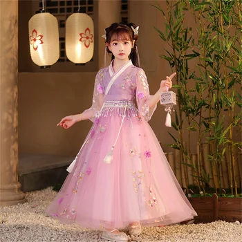 Ханфу для девочек в китайском стиле 2022, новое сказочное старинное платье для маленькой девочки, весна-лето, корейская юбка с длинным рукавом