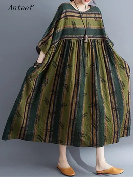 хлопковые платья оверсайз с коротким рукавом, винтажные платья в полоску с цветочным рисунком для женщин, повседневное свободное длинное летнее платье, элегантная одежда 2023