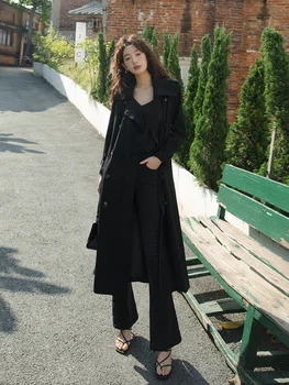 Черное длинное пальто-ветровка Женская Весна 2023, Новый стиль, Приталенное двубортное модное пальто