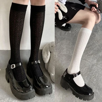 Чулки в японском стиле, длинные носки, однотонные черные белые женские носки, костюмы JK