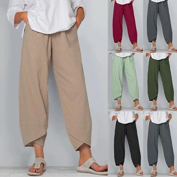 Шаровары Женские Летние Винтажные льняные однотонные широкие брюки больших размеров, пляжные брюки с эластичной резинкой на талии, повседневные брюки полной длины