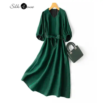 Шелковое платье средней длины из пряжи Xiangyun Yarn Cracks Old Green Xiangyun Yarn из 100% натурального шелка средней длины