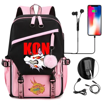 Школьная сумка Kawaii Mochila для девочек, черный рюкзак с USB-портом, рюкзак с бензопилой, дьявол, лиса, Кон, Аниме, рюкзак для девочек-подростков