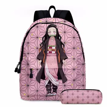 Школьные сумки для мальчиков и девочек Японского аниме Demon Slayer 2 шт. Рюкзаки Пенал для подростков Студентов Мультфильм Каваи Открытый Рюкзак