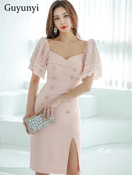 Элегантное Офисное женское платье, Летнее Розовое кружевное платье с рукавом-бабочкой, Квадратный воротник, Декоративная Двубортная пряжка, вечернее платье Для женщин