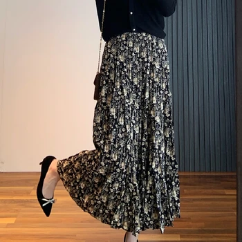 Элегантные летние женские плиссированные юбки с цветочным принтом 2023 года для корейских женщин, свободная женская повседневная юбка Миди трапециевидной формы с высокой талией L808A