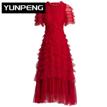 Элегантные платья для женщин 2023, Роскошная дизайнерская вечеринка, Летнее Облегающее Красное клубное платье с коротким рукавом и каскадными оборками из сетки