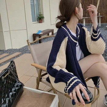 Японские куртки-кардиганы оверсайз 2022 Ropa Mujer контрастного цвета с длинным рукавом, повседневные женские модные вязаные свитера, топы